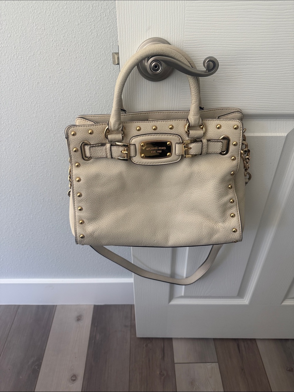 Michael Kors Cream Leather Shoulder Satchel with Gold Hardware